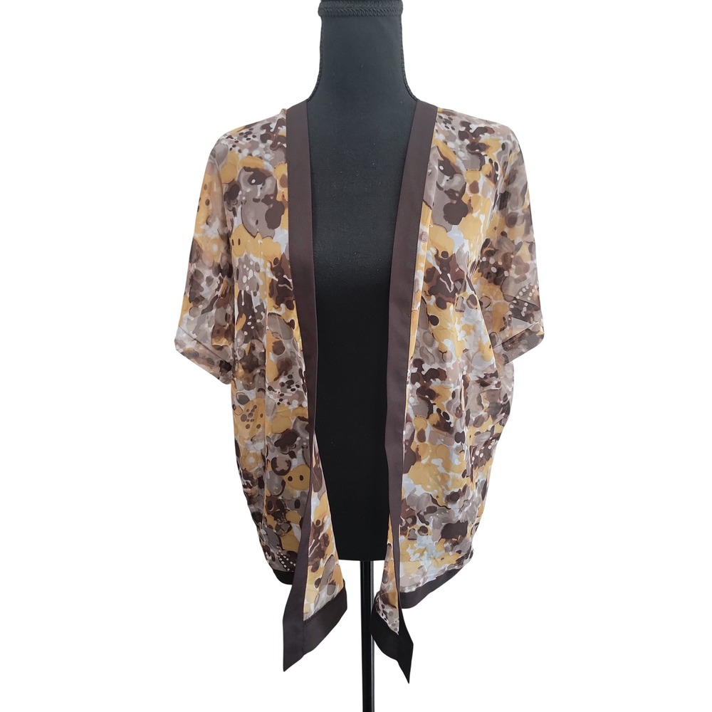 Investments Petites Open‎ Front Kimono Cardigan Abstract Floral Brown Yellow PS